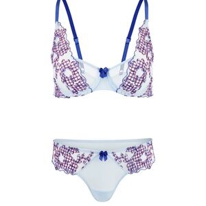NWT Adore Me Blue Floral Embroidered Unlined Bra Set 36DD and Panty Sz Lg